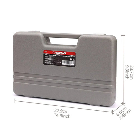 Carrying case for Complete 38 Piece Impact Socket Set With Three Eighths And One Half Inch Drive SAE And Metric 6 Point Deep And Shallow Sockets