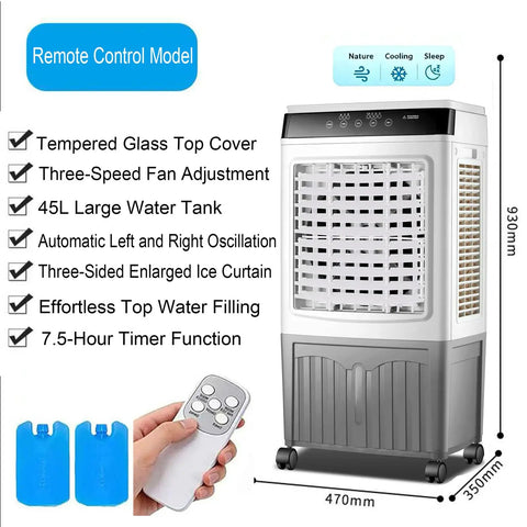 Portable Air Cooler With Integrated Water Reservoir And Three Fan Speeds, 12 Hour Timer Evaporative AC Unit For Home Office Or Workshop, No Sweat Cooling Setup That Leaves Every Corner Fresh And Breezy with remote control and large water tank.