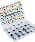 Open box showing Power Transistors, MOSFETs, Thyristors And Voltage Regulators Assortment Kit, 82 pieces for DIY electronics projects.