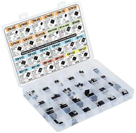 Open box showing Power Transistors, MOSFETs, Thyristors And Voltage Regulators Assortment Kit, 82 pieces for DIY electronics projects.