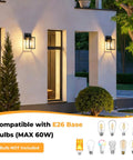 Two Pack Dusk To Dawn Outdoor Wall Lanterns With Automatic Sensor For Front Porch And Garage Waterproof Black Exterior Lights illuminating a home.