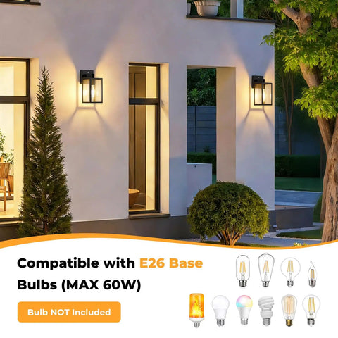 Two Pack Dusk To Dawn Outdoor Wall Lanterns With Automatic Sensor For Front Porch And Garage Waterproof Black Exterior Lights illuminating a home.