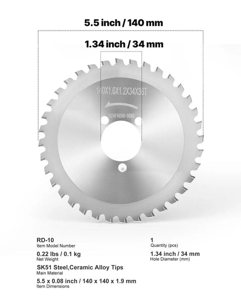 VEVOR Compatible 36-Tooth Electric Rebar Cutter Blades With Cermet Tipped Heat-Treated SK51 Steel, 5.5 inch, 1.34 inch hole diameter.