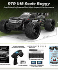 1:18 Scale 4X4 Off Road RC Truck With 2.4GHz Remote, Top Speed 36kmh, Waterproof Electronics, Dual LiPo Batteries Pre Installed Plus Spare, 35 Minutes Runtime, Beefy Suspension With Adjustable Shocks For Gravel And Grass with accessories and dimensions displayed
