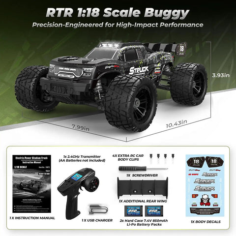 1:18 Scale 4X4 Off Road RC Truck With 2.4GHz Remote, Top Speed 36kmh, Waterproof Electronics, Dual LiPo Batteries Pre Installed Plus Spare, 35 Minutes Runtime, Beefy Suspension With Adjustable Shocks For Gravel And Grass with accessories and dimensions displayed