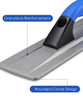 Close-up of Pro Grade Cast Magnesium Concrete Hand Float With Ergonomic Rubber Handle 16 By 3 And A Half Inches Widened Beveled End