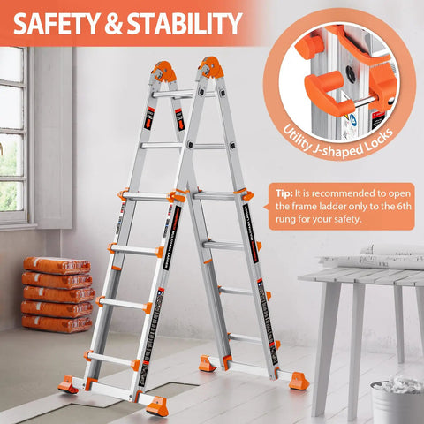 Frame Style 4 Step Extension Ladder, 11.4 Ft Telescoping Aluminum With Anti Slip Stabilizer Bar, 330 Lb Load, Multi Position Ladder For Stairs, Home, Roof, Outdoor Projects, Easy Open And Stable Setup in frame mode
