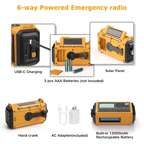 6-way powered emergency radio showing USB-C charging, solar panel, hand crank, AC adapter, built-in 12000mAh battery, and AAA slots.
