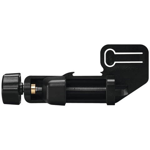 Image of the mounting bracket from the LR10 500 Ft Red Beam Rotary Laser Receiver Kit showing screw adjustment and metal surface attachment.