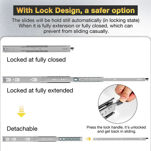 Beefy Heavy Duty Full Extension Drawer Slides With Lock Side Mount Ball Bearing Rails 14 Inch 150 Lb Capacity showing lock positions