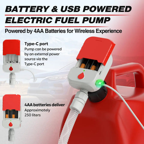 No Nonsense Portable Fuel Transfer Pump with Hand Trigger Nozzle, battery-powered with USB and 51-inch hose attached to gas canister.