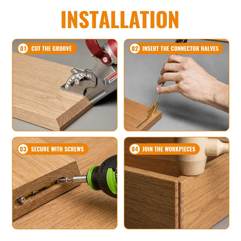Installation steps for Beefy Heavy Duty Metal Biscuit Connector Set Zinc Die Cast Wood Fasteners in woodworking.