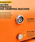 Top Notch Portable Electric Hydraulic Hose Crimper Machine With Limit Switch And Updated Housing, showing oil window and fill port details.