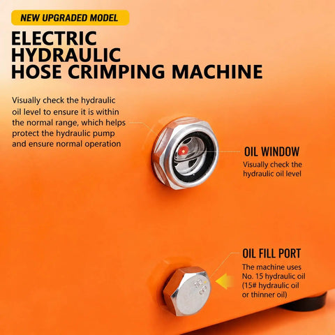 Top Notch Portable Electric Hydraulic Hose Crimper Machine With Limit Switch And Updated Housing, showing oil window and fill port details.
