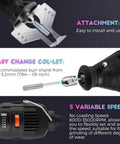 Close-up of Powerful Chainsaw Sharpener Kit With 180W Motor And 5 Speed Settings 8000 To 35000 RPM showing attachment, collet, speed