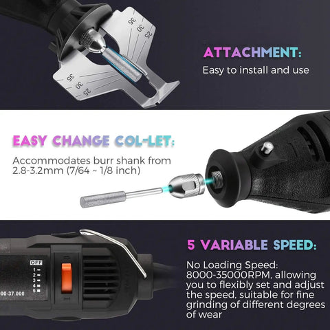 Close-up of Powerful Chainsaw Sharpener Kit With 180W Motor And 5 Speed Settings 8000 To 35000 RPM showing attachment, collet, speed
