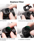 Step-by-step guide to installing DJI Mini 4 Pro Filter Kit 4 Pack CPL UV ND8 ND16 Multi Coated Optical Glass onto drone camera.