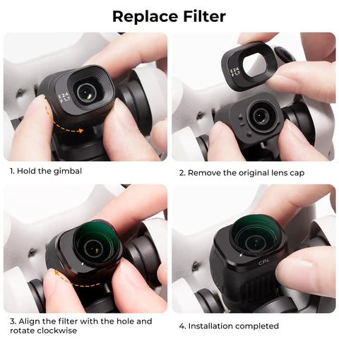 Step-by-step guide to installing DJI Mini 4 Pro Filter Kit 4 Pack CPL UV ND8 ND16 Multi Coated Optical Glass onto drone camera.