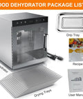 Rock Solid 10 Tray Food Dehydrator With Slick Digital Controls And Strong 800W Motor For Drying Fresh Jerky Fruit And Vegetables, includes drying trays and manual.