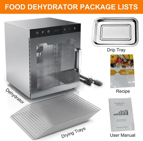 Rock Solid 10 Tray Food Dehydrator With Slick Digital Controls And Strong 800W Motor For Drying Fresh Jerky Fruit And Vegetables, includes drying trays and manual.