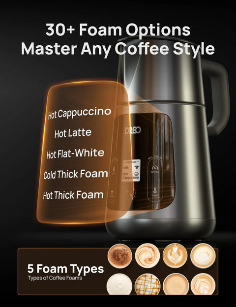 All In One Milk Frother For Home Baristas With 450ml Capacity, Auto Foam Maker, LED display showing foam options.