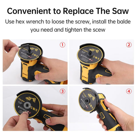 Steps showing blade installation on Cordless 21V Mini Handheld Angle Grinder Kit With 2 Rechargeable Batteries High Speed Up To 19500 RPM Quick Change Spindle Lock Cutting And Polishing Powerhouse All In One Tile Cutter For Brick Wood Metal Stone With 6 Discs.
