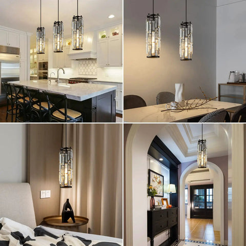 Dope Black Modern Crystal Pendant Light For Kitchen Island With Adjustable Height, K9 Crystal Beads, E27 Base, Sleek Hanging Fixture For Dining Room Bar And Bedroom 1 Pack That Pops In Any Space