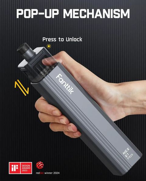 Person holding a device with pop-up mechanism labeled 'Press to Unlock' and award logos for design recognition in 2023 and 2024.