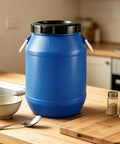 Food Grade Plastic Sealed Storage Barrel With Inner And Outer Double Seal Screw Lid, Airtight Heavy Duty Water And Food Storage Container For Fermenting Pickling Grains Honey 8 Gallon Blue on kitchen countertop