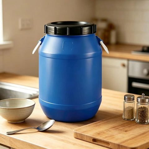 Food Grade Plastic Sealed Storage Barrel With Inner And Outer Double Seal Screw Lid, Airtight Heavy Duty Water And Food Storage Container For Fermenting Pickling Grains Honey 8 Gallon Blue on kitchen countertop