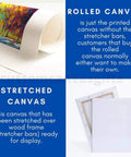 Comparison of rolled and stretched blue truck canvas wall art, illustrating product options and material differences.