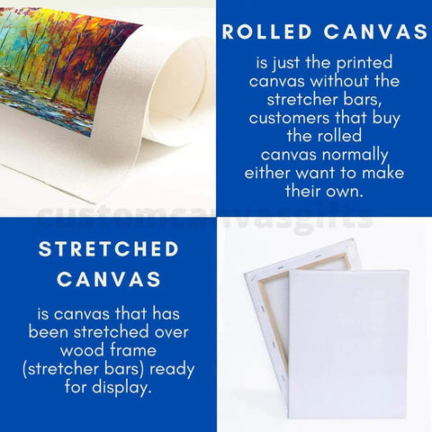 Comparison of rolled and stretched blue truck canvas wall art, illustrating product options and material differences.