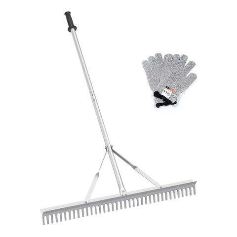36 Inch Aluminum Landscape Rake With 67 Inch Handle for fast lawn care with included protective gloves