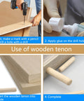 Steps showing use of wood dowel pins set 100 pack 10mm x 50mm beveled fluted hardwood dowels kiln dried eucalyptus for craft projects.