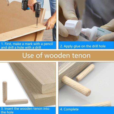 Steps showing use of wood dowel pins set 100 pack 10mm x 50mm beveled fluted hardwood dowels kiln dried eucalyptus for craft projects.