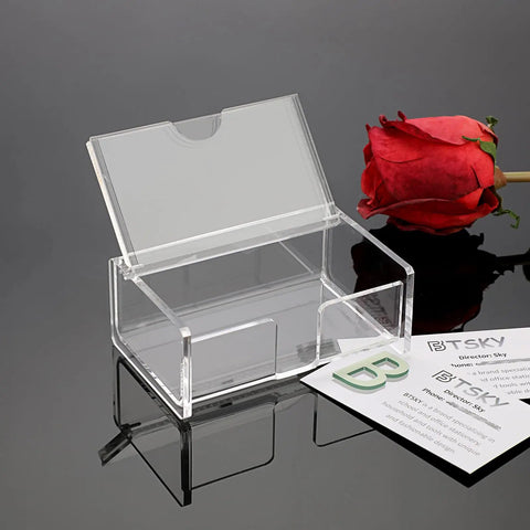 Clear Acrylic Business Card Holder With Display Lid, Slick Desk Organizer For Office Countertop, showcasing card storage.