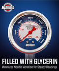 Front view of McKillans pressure gauge for high-pressure washers, blue dial, stainless steel case, red needle, PSI/MPa