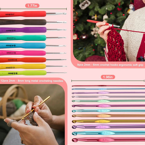 85-Piece Crochet Hooks Kit With Case, Ergonomic Hooks In Stainless And Aluminum, crochet and knitting tools displayed