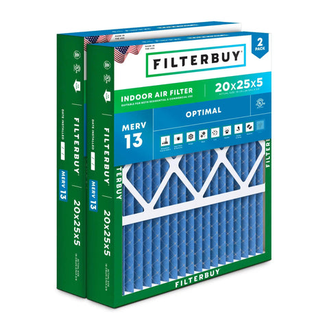 20x25x5 Air Filter MERV 13 For Smoke And Allergen Defense Pleated HVAC Furnace Filter 2 Pack Box
