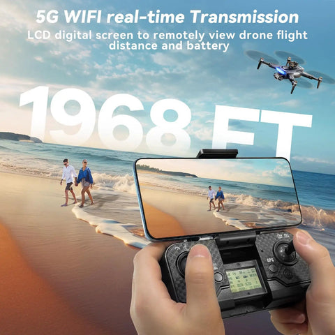 5G WiFi transmission of 4K GPS Drone With Obstacle Alerts And Auto Return, Foldable Under 249g, controller view on beach