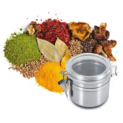 Heavy Duty Airtight Stainless Steel Coffee Canister Keeps Your Daily Grind Fresh And Locked Tight For Kitchen Storage Holds Sugar Tea And Coffee Beans In Medium Sized Jars with spices around.