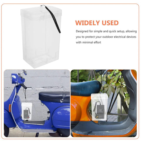Durable Outdoor Waterproof Electrical Outlet Cover For Universal Charging Stations And Cord Storage Box hanging on a blue scooter.
