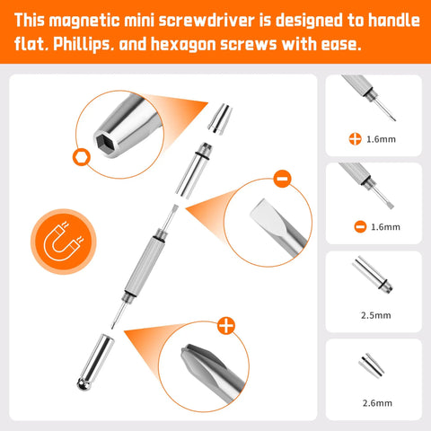 All In One Precision Screwdriver Set With Magnetic Tips And Storage Case, 8 In 1 Multi Tool components and screwdriver head types