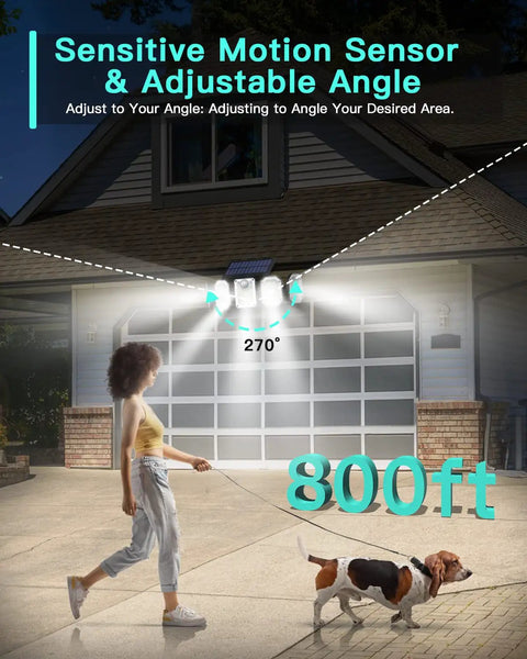 Solar Motion Sensor Lights Outdoor Five Head Flood Light Dope Bright 500LM 7700K Cool White illuminating driveway at night