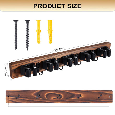 Wall Mount Broom And Mop Holder With Five Slots And Four Hooks Easy Install Space Saving Rustic Wood Tool Organizer Rack