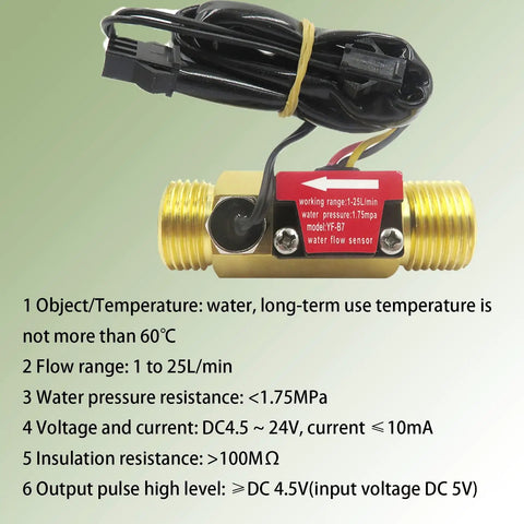 All In One Water Flow Totalizer And Flow Meter With Digital LCD Display And Hall Effect Sensor for 1/2" pipe. Flow: 1-25 L/min.