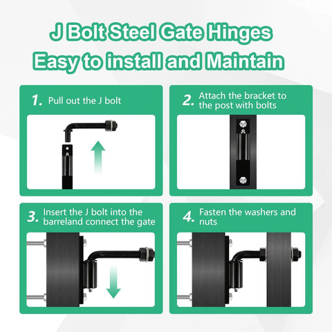 Heavy Duty Bolt On 7 Inch J Bolt Gate Hinges 4 Pack No Welding Required Lubricated Ball Bearing Hinge For Large Driveway Gates Up To 1100 Lbs Easy Install And Sag Prevention Industrial Grade, black steel gate hinge installation steps