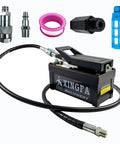 Beefy Air Hydraulic Foot Pump With Aluminum Body, 10,000 Psi Output, 0.45 Gallon Reservoir, 6.6 Foot Pipe, accessories on white background