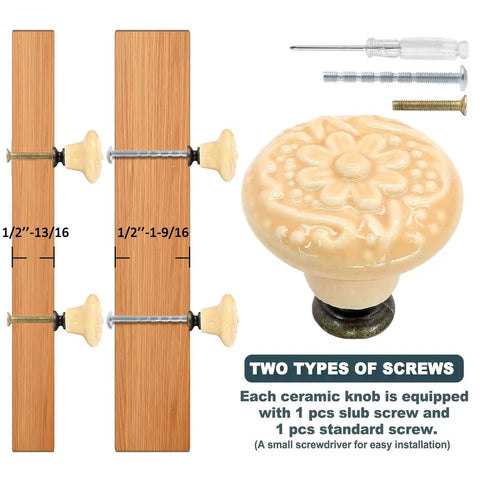 Real Deal Light Yellow Ceramic Kitchen Cabinet Knobs And Drawer Pull Handles Comes With Solid Hardware Set For No Sweat DIY Installation, showing screw hardware.