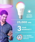 Man using smartphone with Alexa Ready Color Changing LED Bulbs A19 100W Equivalent Bluetooth Mesh Dimmable RGB Lighting.